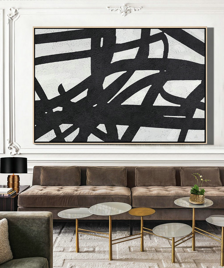 Big Canvas Painting,Hand Painted Oversized Horizontal Minimal Art On Canvas, Black And White Minimalist Painting - Art Work